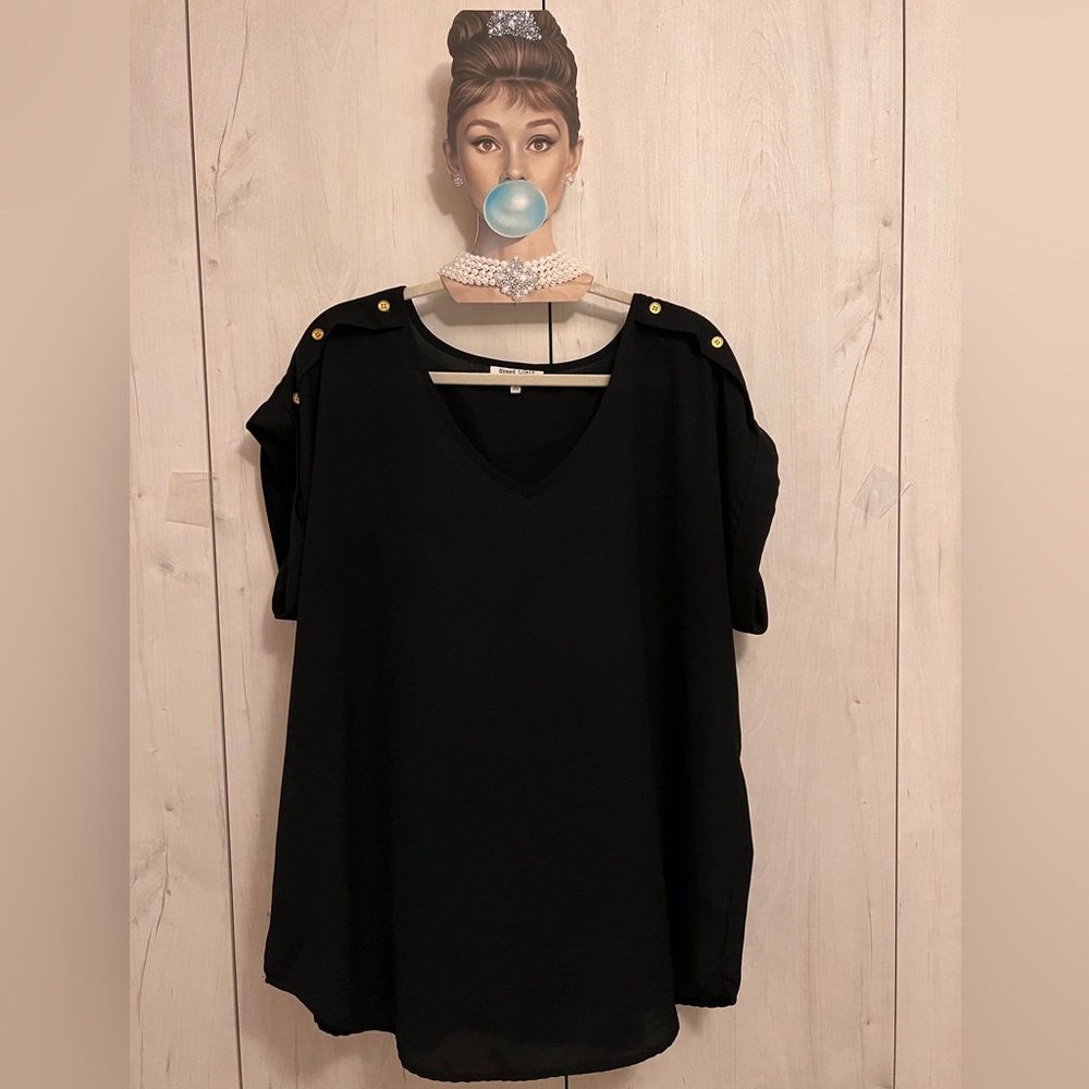 Cuffed capped sleeve top with gold shoulder buttons
